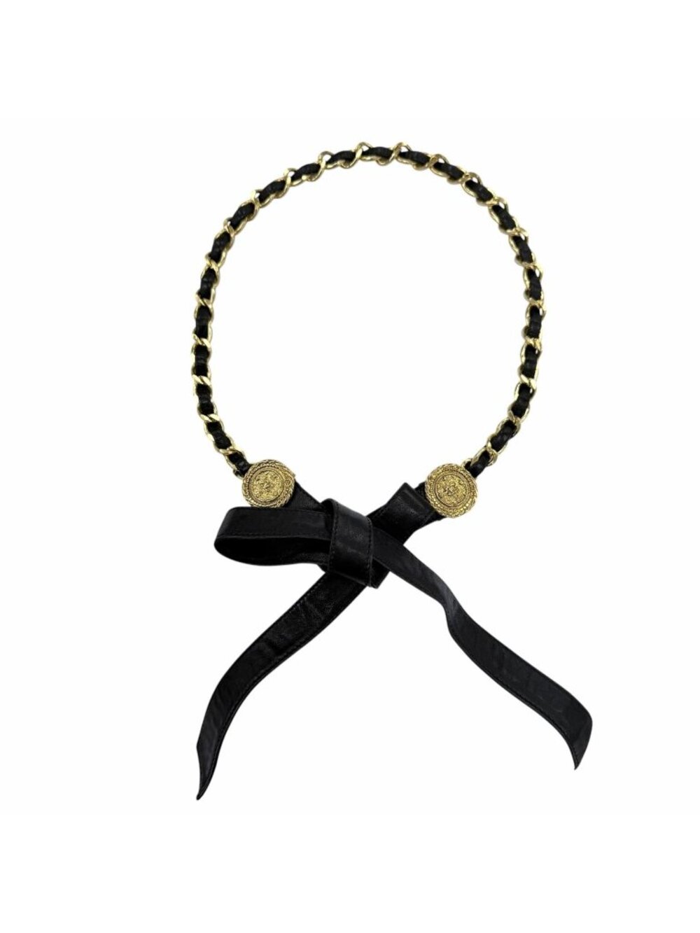 Chanel Vintage Metal CC Logo Leather Chain Ribbon Belt Gold Black